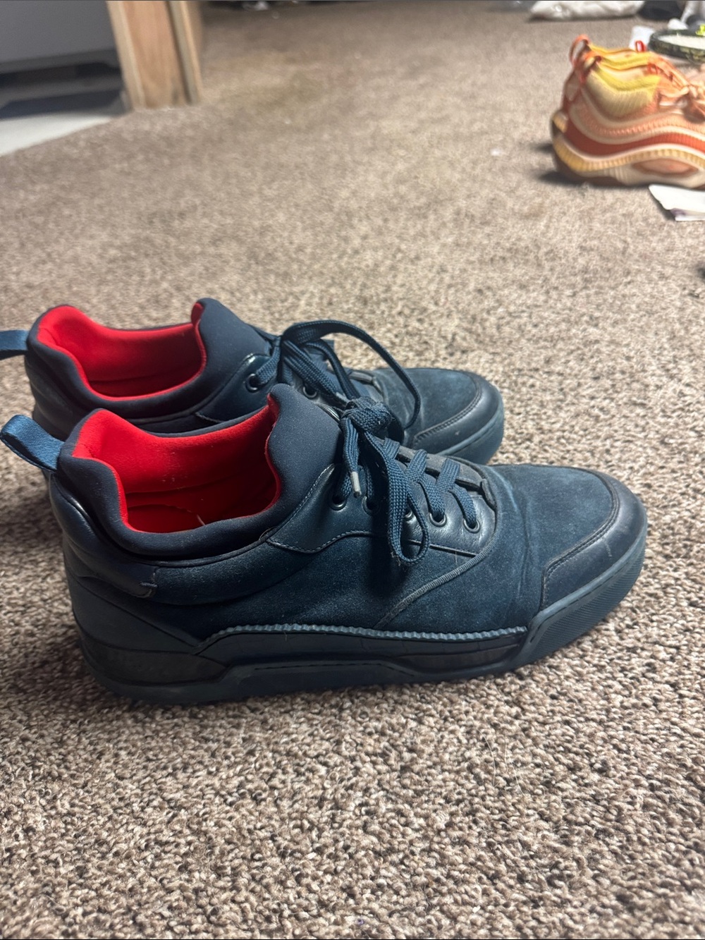 Men's Louboutins Navy Suede Low-Top Sneakers with Red Lining